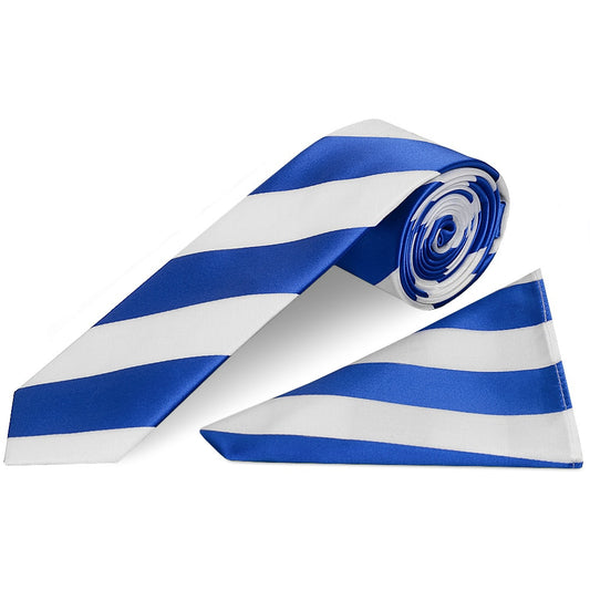 Blue and White Striped Skinny Mens Football Tie and Pocket Square Set