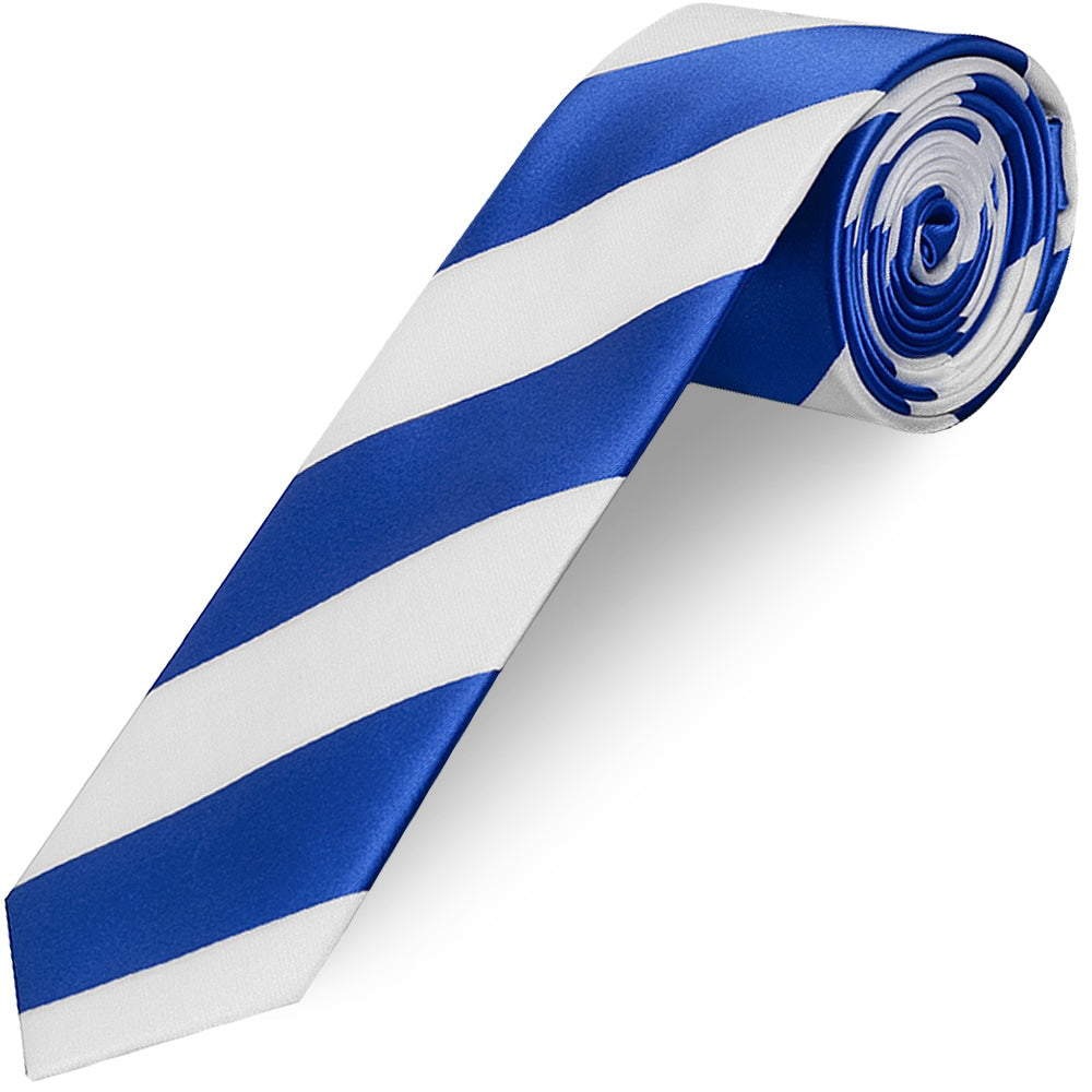 Blue and White Striped Skinny Boys Football Tie and Pocket Square Set