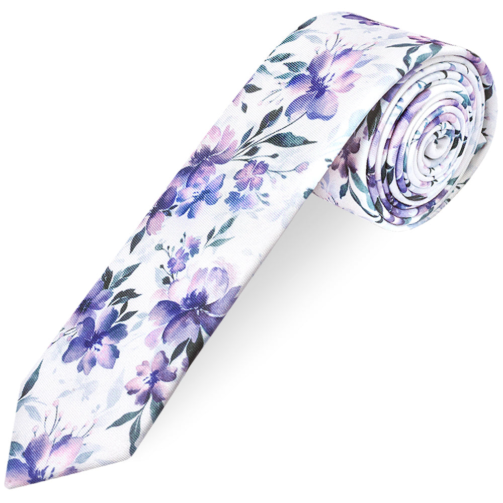Mens Lilac Large Floral Skinny Tie