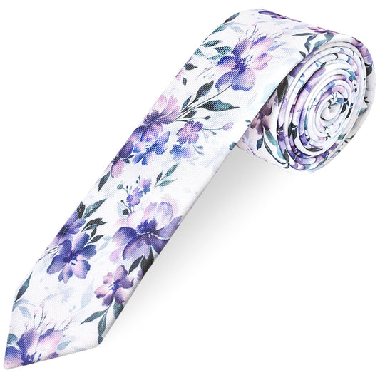 Mens Lilac Large Floral Skinny Tie and Pocket Square Set