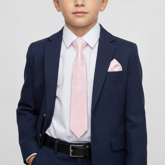 Pre Tied Blush Pink Floral Boys Tie and Pocket Square Set Age 4-7