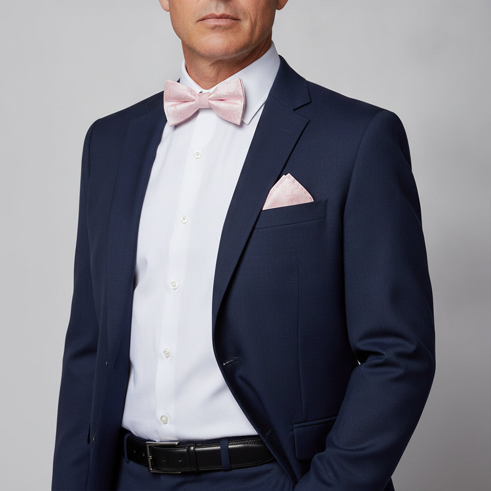 Blush Pink Floral Handmade Mens Bow Tie and Pocket Square Set