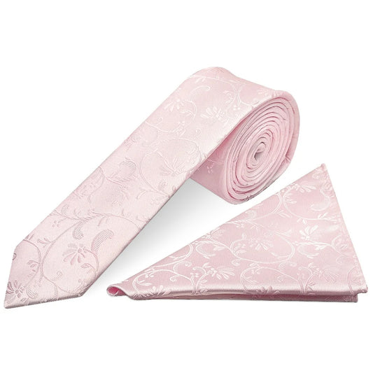 Blush Pink Floral Skinny Men's Tie and Pocket Square Set