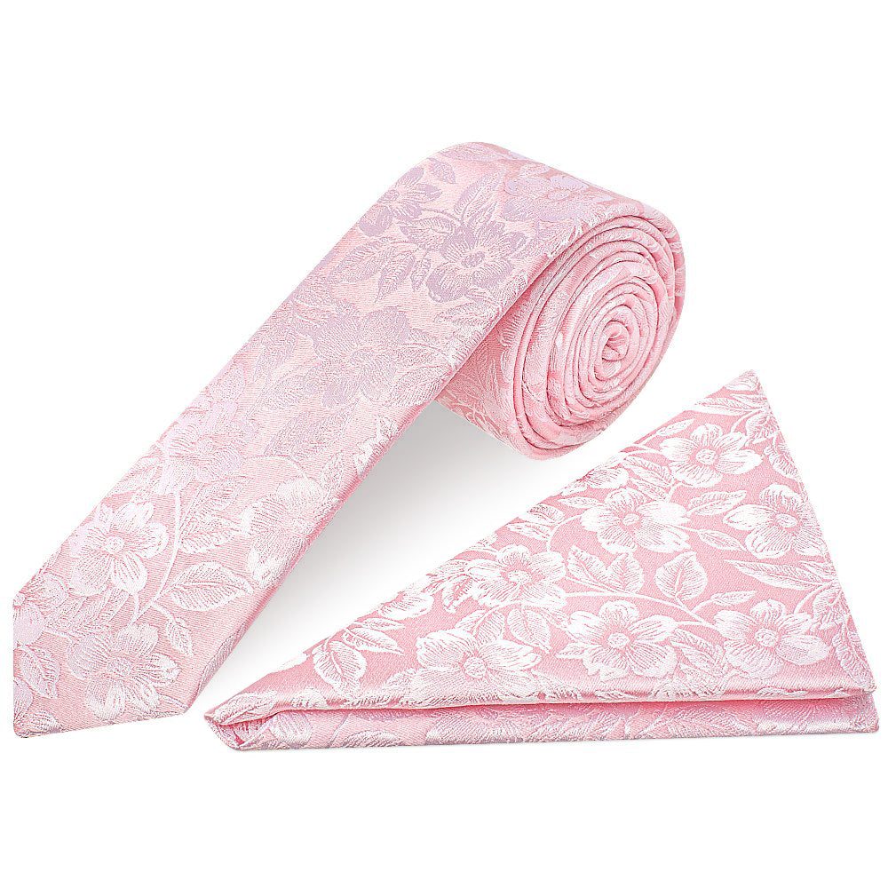 Blush Pink Floral Silk Skinny Mens Tie and Pocket Square Set