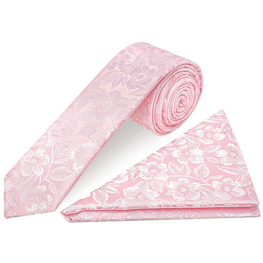 Blush Pink Floral Silk Skinny Mens Tie and Pocket Square Set
