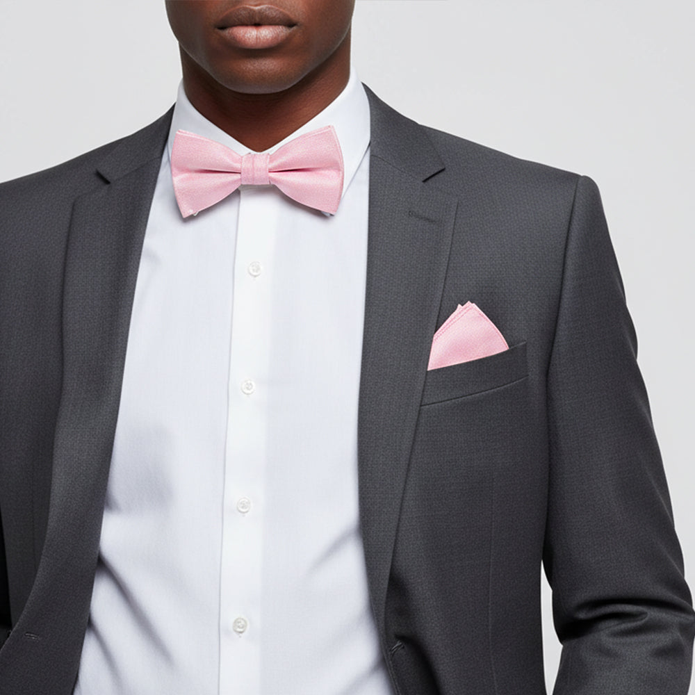 Plain Blush Pink Silk Mens Bow Tie and Pocket Square Set
