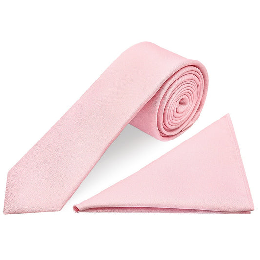 Plain Blush Pink Silk Skinny Mens Tie and Pocket Square Set