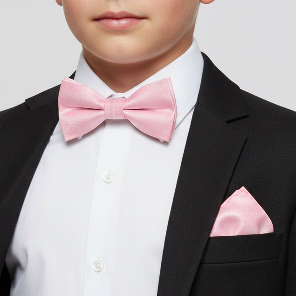 Pre Tied Blush Pink Silk Boys Bow Tie and Pocket Square Set Age 8-11