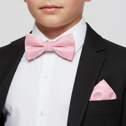Pre Tied Blush Pink Silk Boys Bow Tie and Pocket Square Set Age 8-11