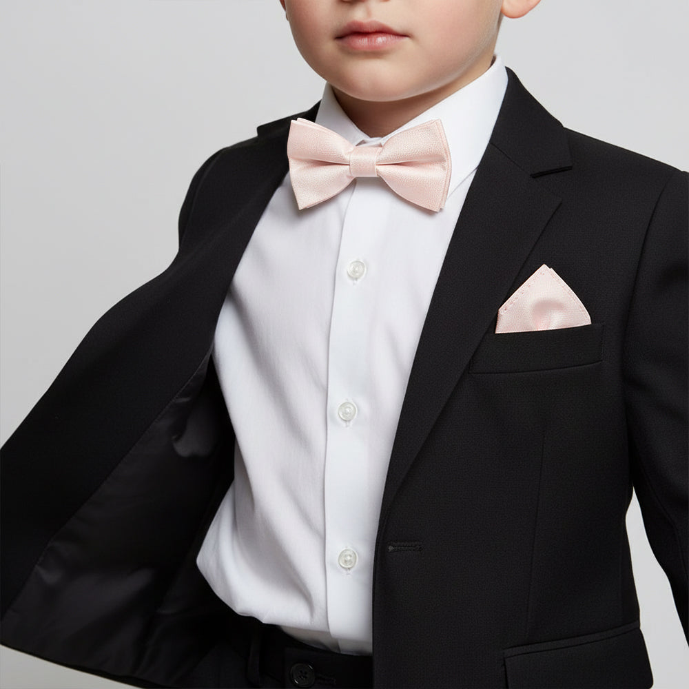 Pre Tied Blush Pink Textured Silk Boys Bow Tie and Pocket Square Set 4-7 Years