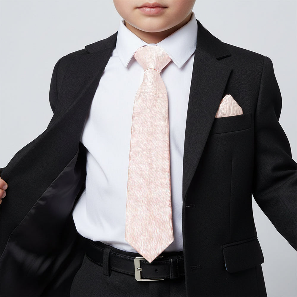 Pre Tied Blush Pink Textured Silk Boys Tie and Pocket Square Set Age 4-7