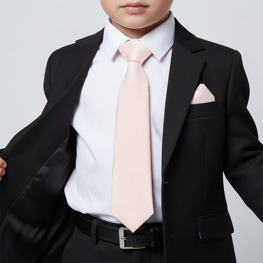 Pre Tied Blush Pink Textured Silk Boys Tie and Pocket Square Set Age 4-7