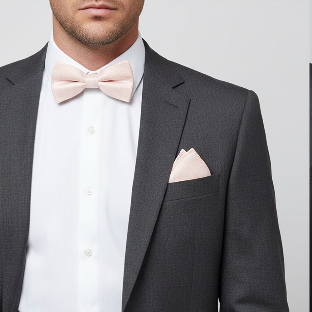 Blush Pink Textured Silk Mens Bow Tie and Pocket Square Set