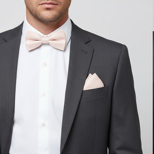 Blush Pink Textured Silk Mens Bow Tie and Pocket Square Set