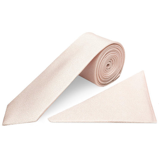 Blush Pink Textured Silk Skinny Mens Tie and Pocket Square Set