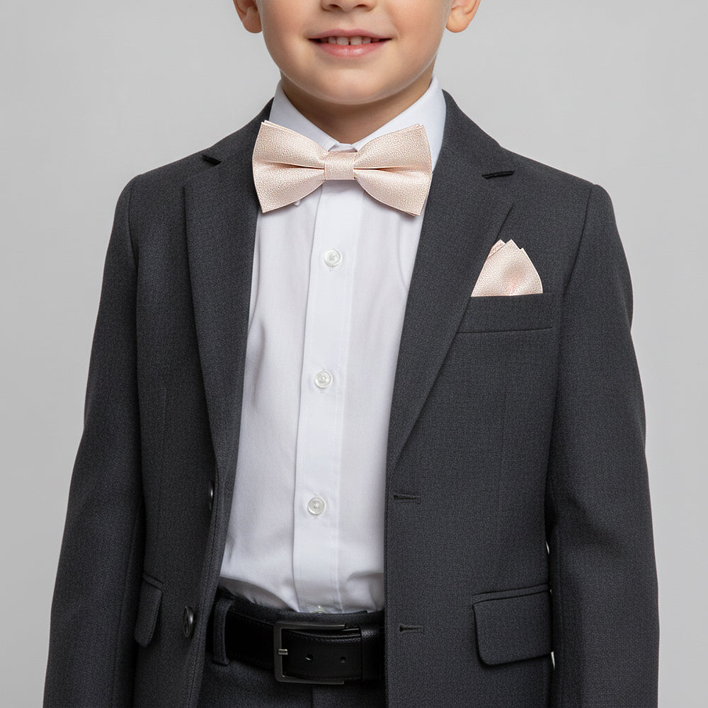 Pre Tied Blush Self Floral Textured Silk Boys Bow Tie and Pocket Square Set Age 4-7