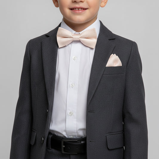 Pre Tied Blush Self Floral Textured Silk Boys Bow Tie and Pocket Square Set Age 4-7