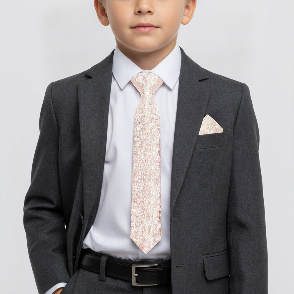 Pre Tied Blush Self Floral Textured Silk Boys Tie and Pocket Square Set Age 4-7