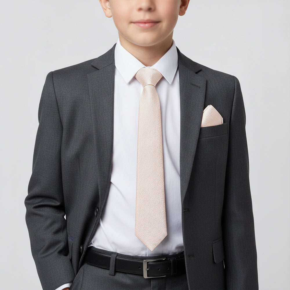 Blush Self Floral Textured Silk Skinny Boys Tie and Pocket Square Set
