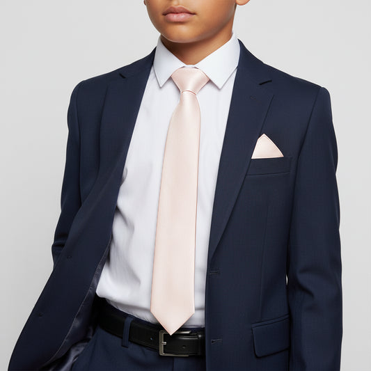 Plain Blush Silk Skinny Boys Tie and Pocket Square Set