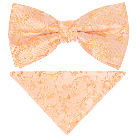 Pre Tied Peach Floral Boys Bow Tie and Pocket Square Set