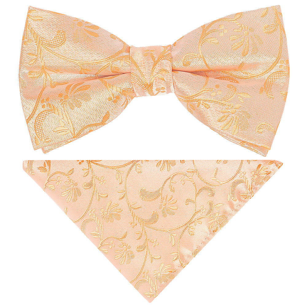 Pre Tied Peach Floral Boys Bow Tie and Pocket Square Set Age 4-7