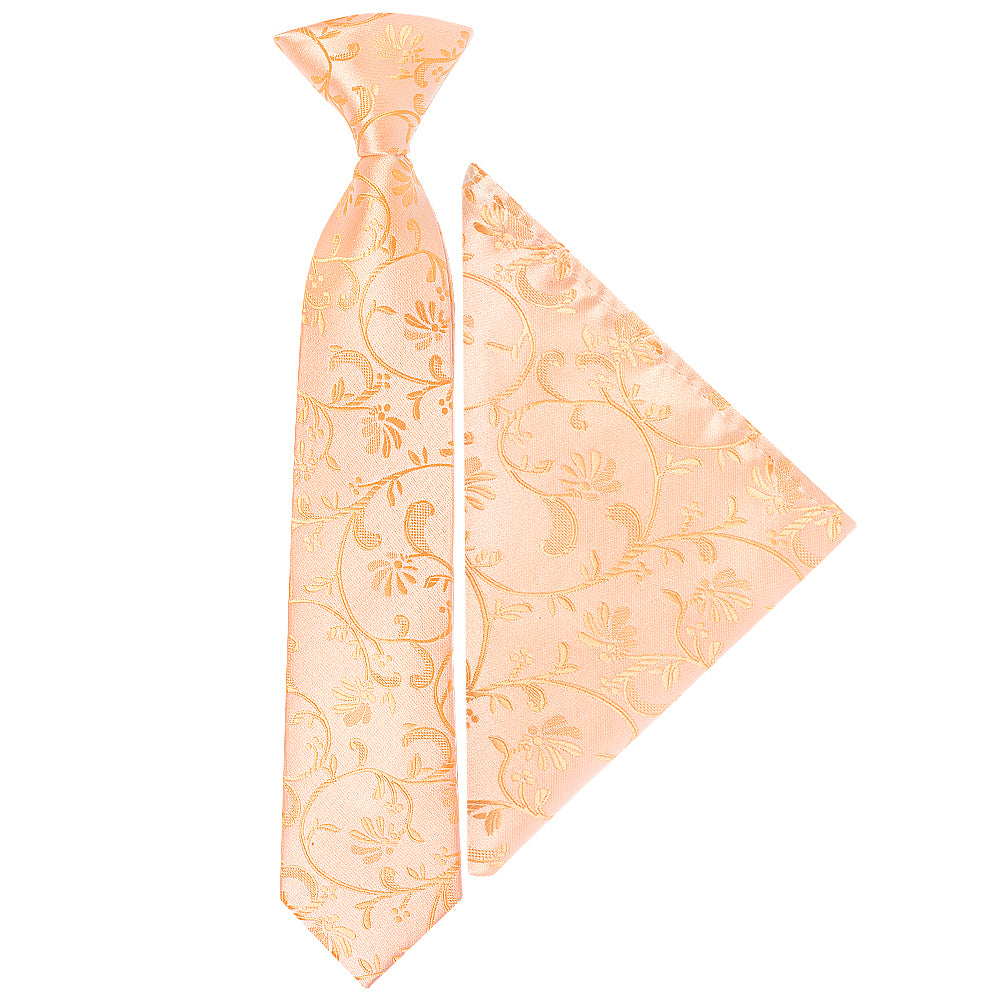 Pre Tied Peach Floral Boys Tie and Pocket Square Set Age 4-7