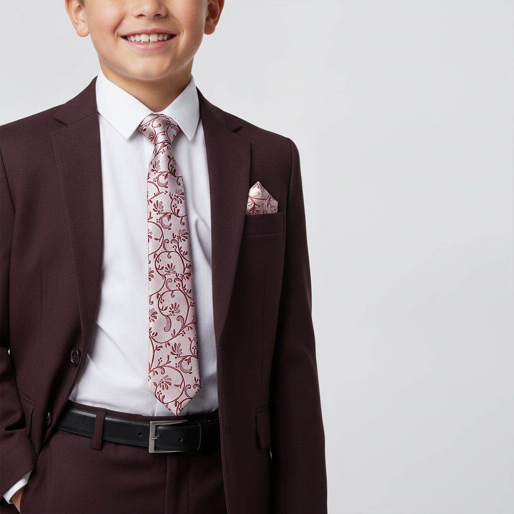 Burgundy Floral Skinny Boys Tie and Pocket Square Set