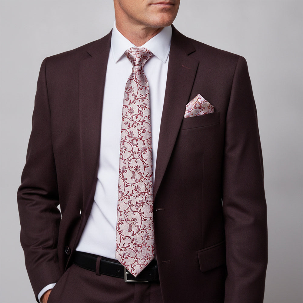 Burgundy Floral Classic Men's Tie and Pocket Square Set