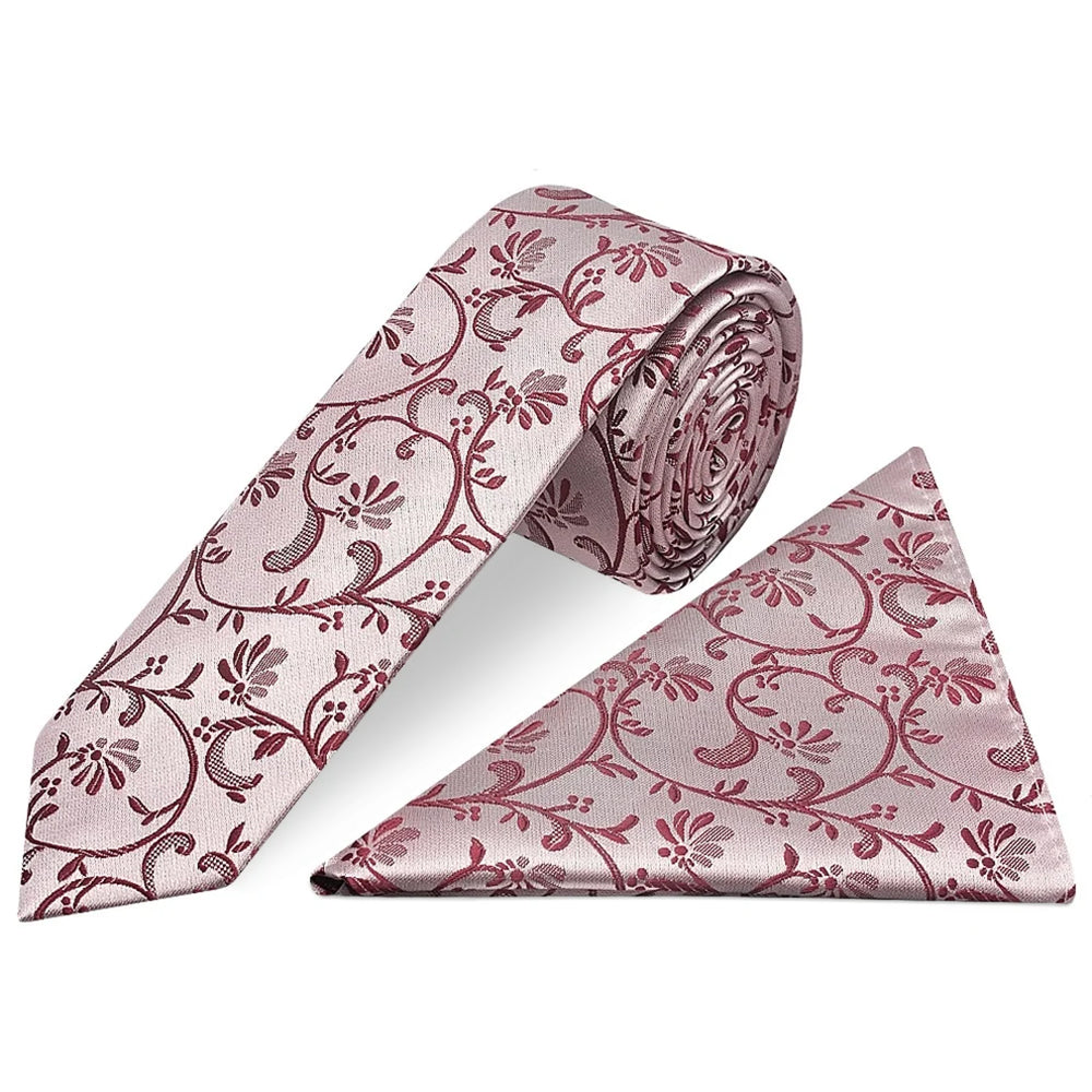 Burgundy Floral Skinny Men's Tie and Pocket Square Set
