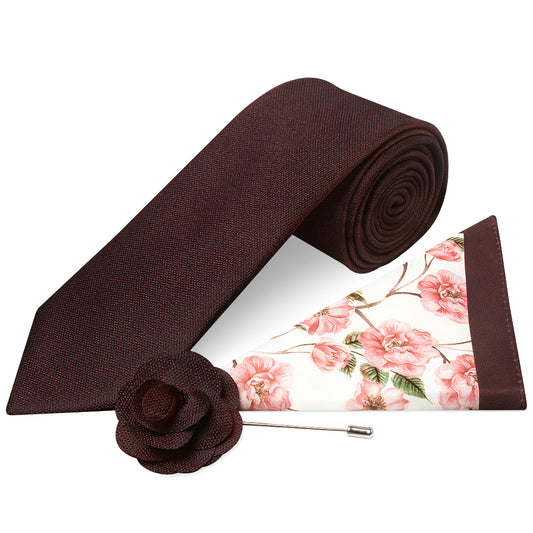 Classic Burgundy Mens Tie with Pocket Square and Lapel Pin Set