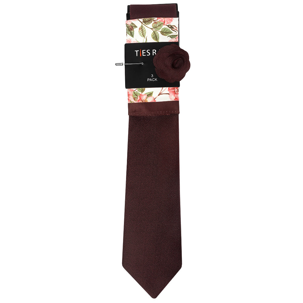 Classic Burgundy Mens Tie with Pocket Square and Lapel Pin Set