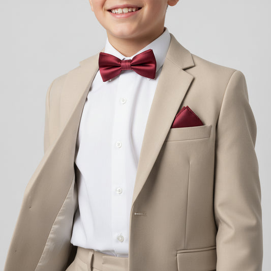 Pre Tied Burgundy Satin Boys Bow Tie and Pocket Square Set