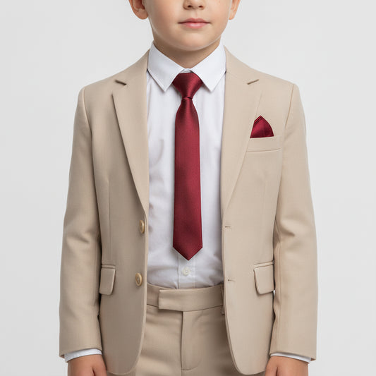Pre Tied Burgundy Satin Boys Tie and Pocket Square Set Age 4-7