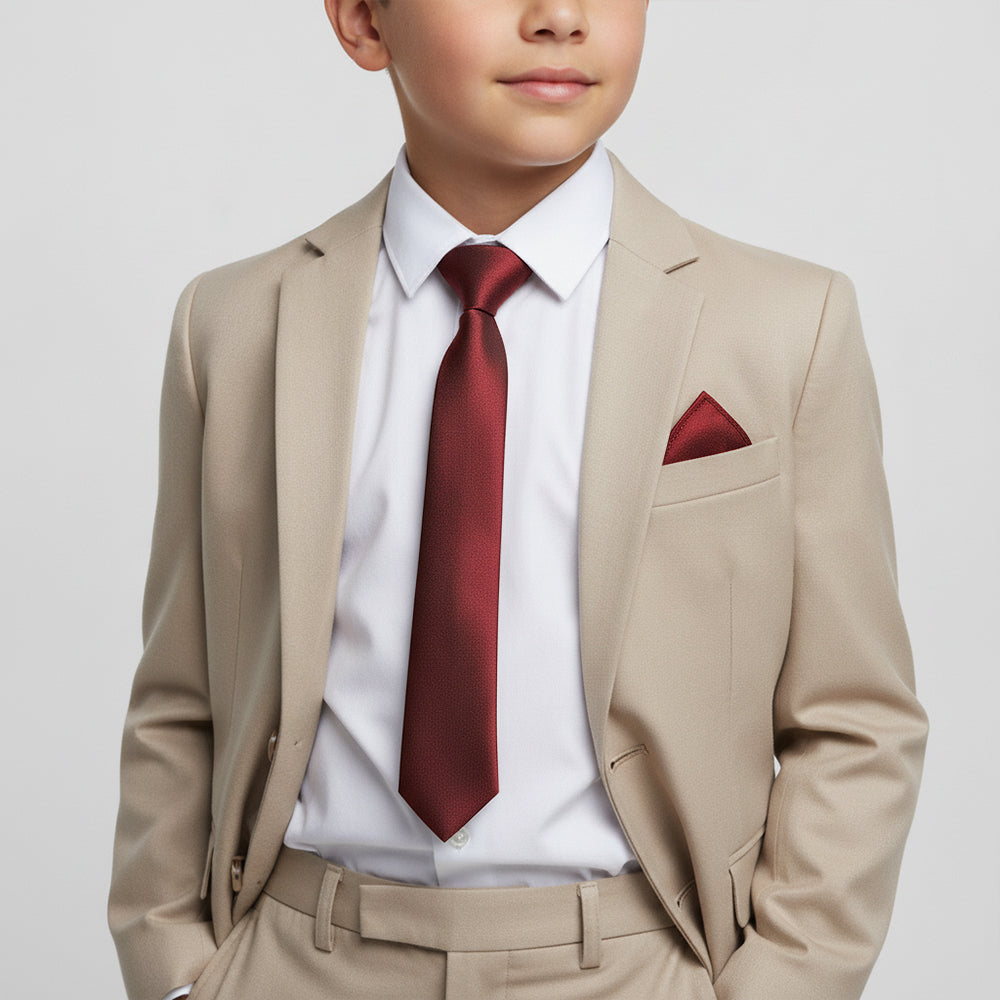Burgundy Boy's Skinny Tie and Pocket Square Set in Satin