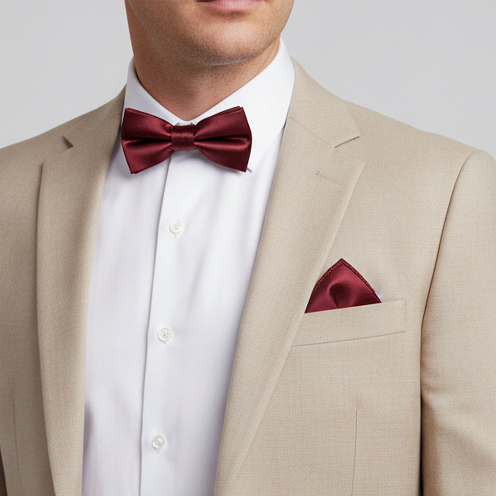 Plain Burgundy Handmade Mens Bow Tie and Pocket Square Set