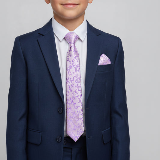 Cadbury Purple Floral Skinny Boys Tie and Pocket Square Set