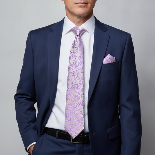 Cadbury Purple Floral Classic Men's Tie and Pocket Square Set
