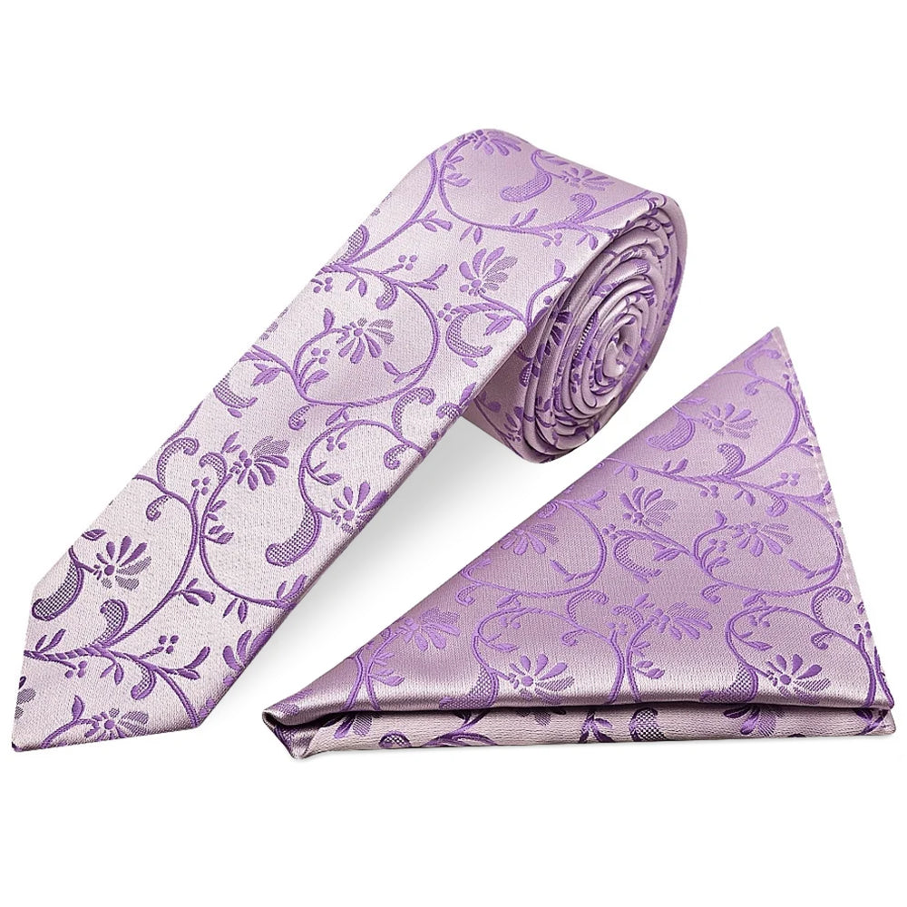 Cadbury Purple Floral Skinny Men's Tie and Pocket Square Set