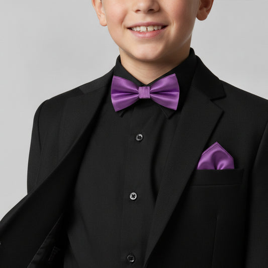 Pre Tied Cadburys Purple Satin Boys Bow Tie and Pocket Square Set