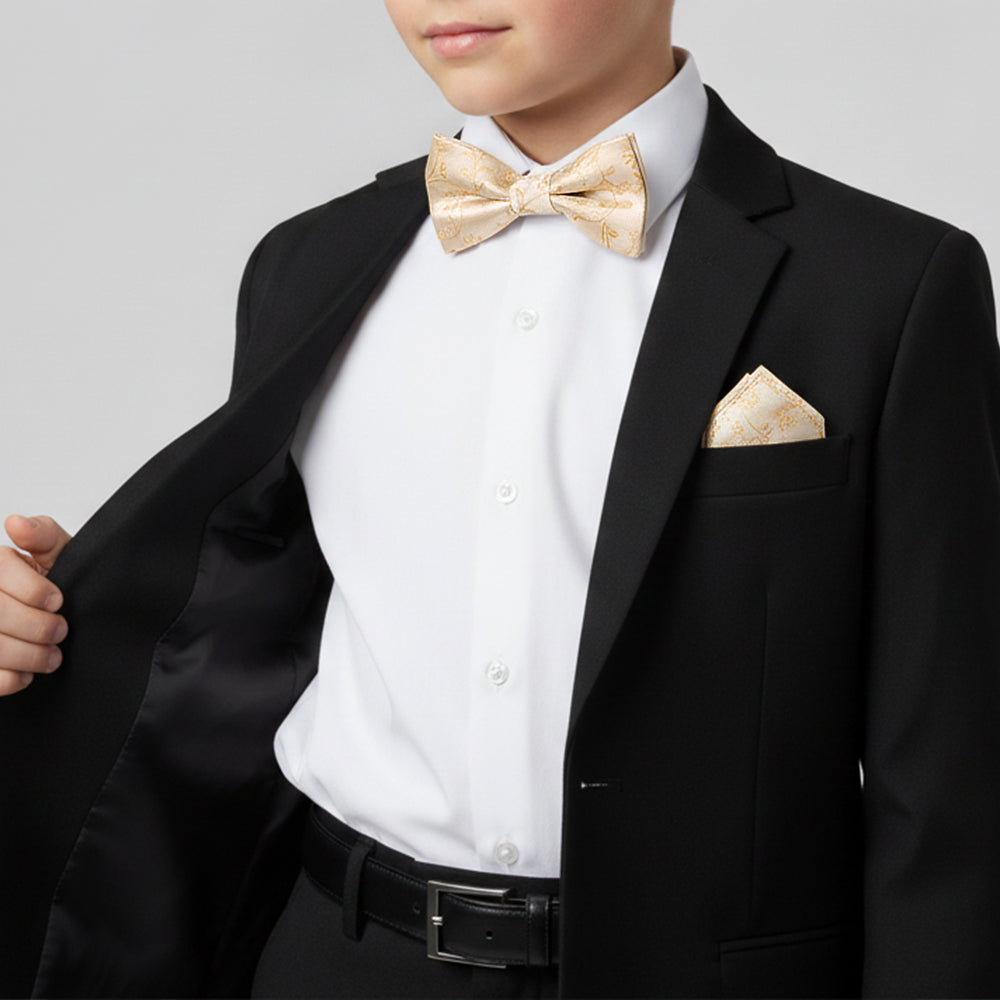 Pre Tied Caramel Floral Boys Bow Tie and Pocket Square Set