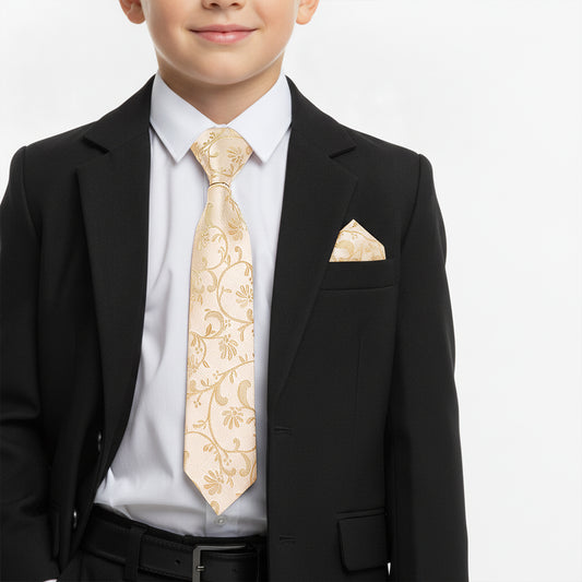 Pre Tied Caramel Floral Boys Tie and Pocket Square Set Age 4-7