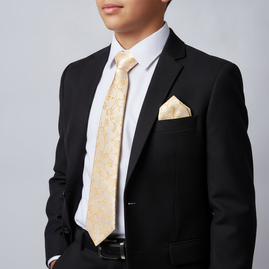 Caramel Floral Skinny Boys Tie and Pocket Square Set