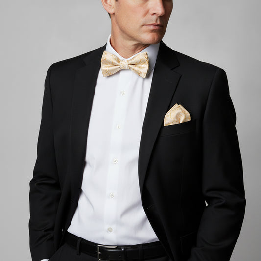 Caramel Floral Handmade Mens Bow Tie and Pocket Square Set
