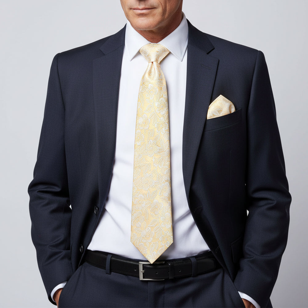 Champagne Floral Silk Classic Mens Tie and Pocket Square Set