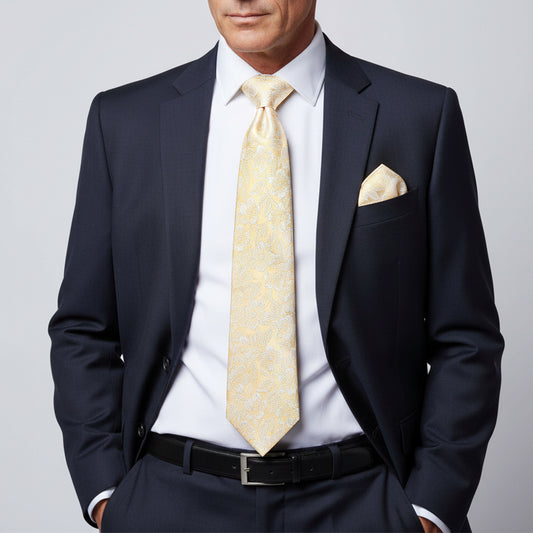 Champagne Floral Silk Classic Mens Tie and Pocket Square Set