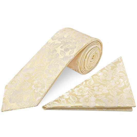 Champagne Floral Silk Classic Mens Tie and Pocket Square Set