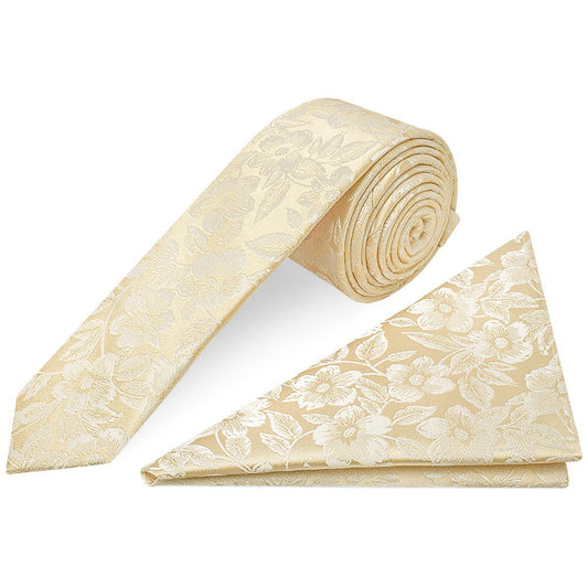 Champagne Floral Silk Skinny Mens Tie and Pocket Square Set