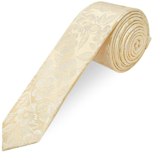 Champagne Floral Silk Skinny Mens Tie and Pocket Square Set