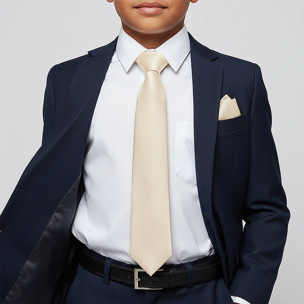 Plain Champagne Silk Skinny Boys Tie and Pocket Square Set